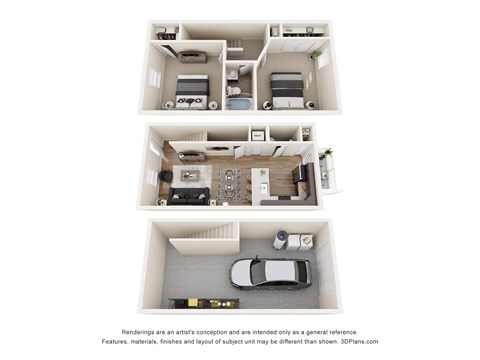 Three images of a house layout with a car in the bottom one.